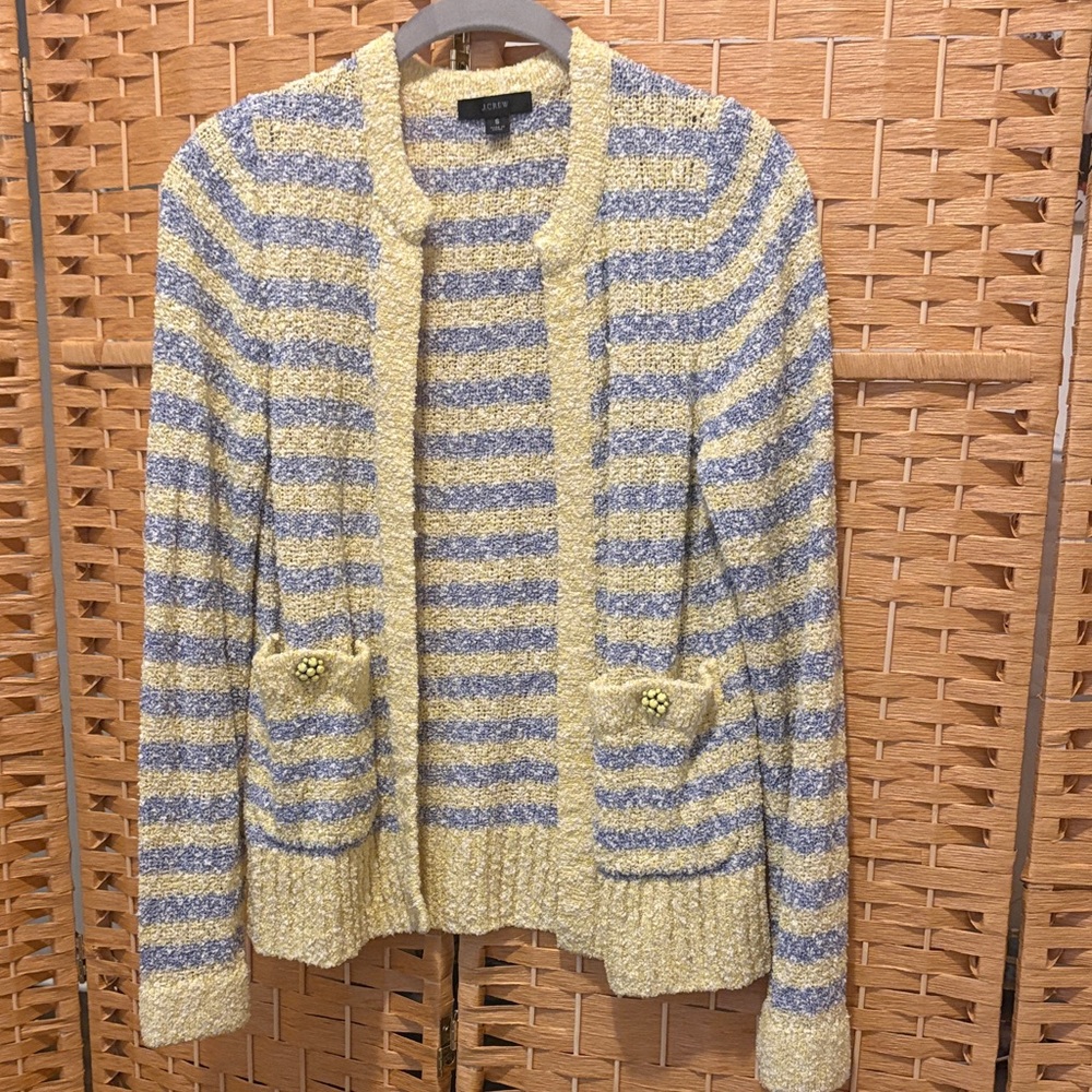 J. Crew Yellow & Light Blue Striped Bouclé Cardigan